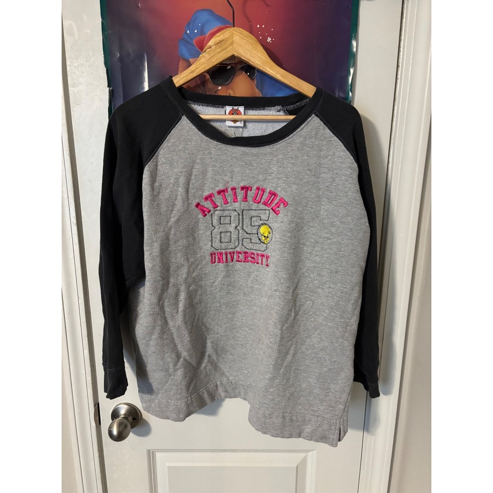 Vintage Looney Tunes Tweety Bird Attitude 85 University Raglan Sweatshirt Grey